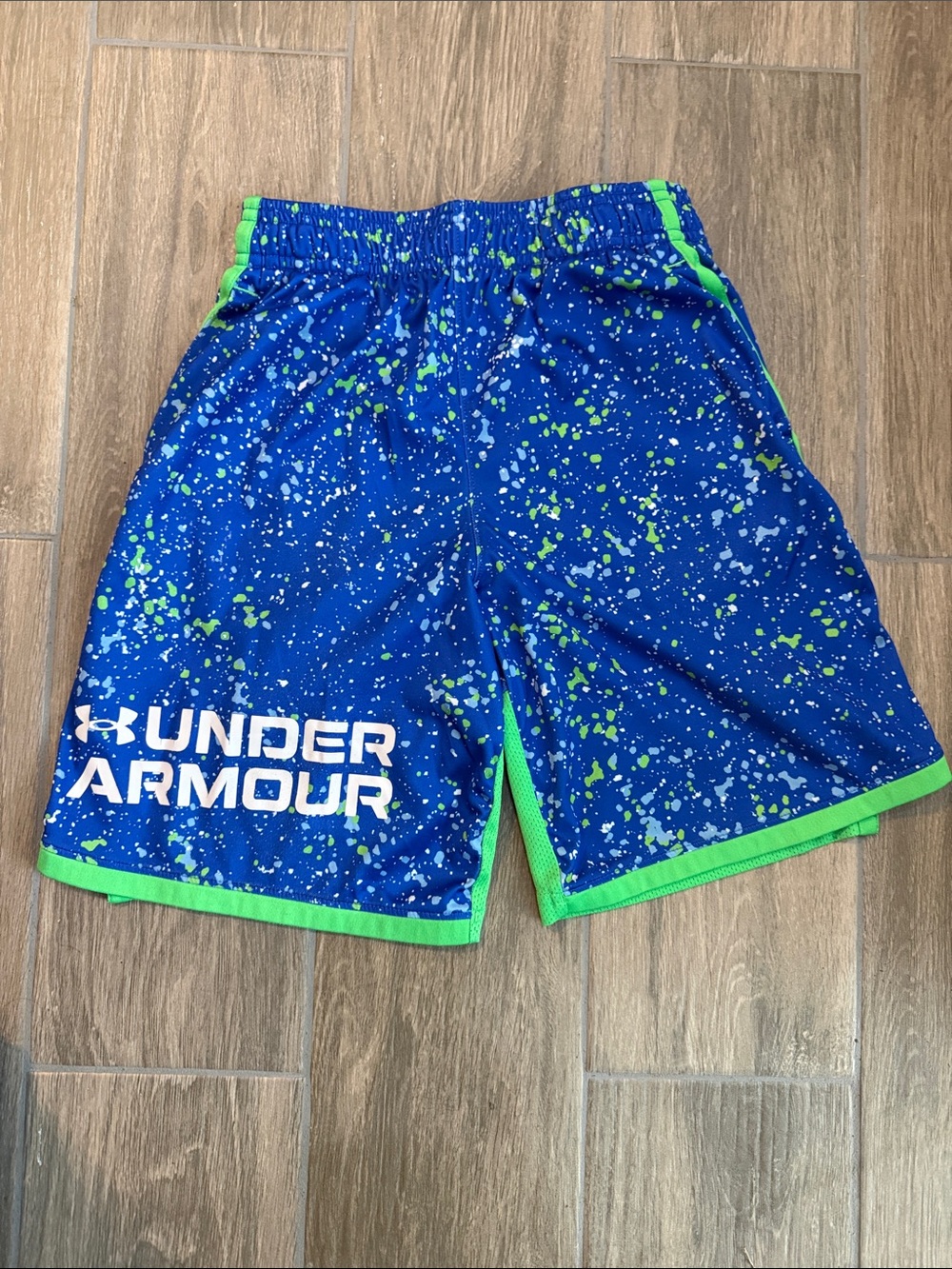 Under Armour Blue Splatter Athletic Shorts with Neon Green Trim
